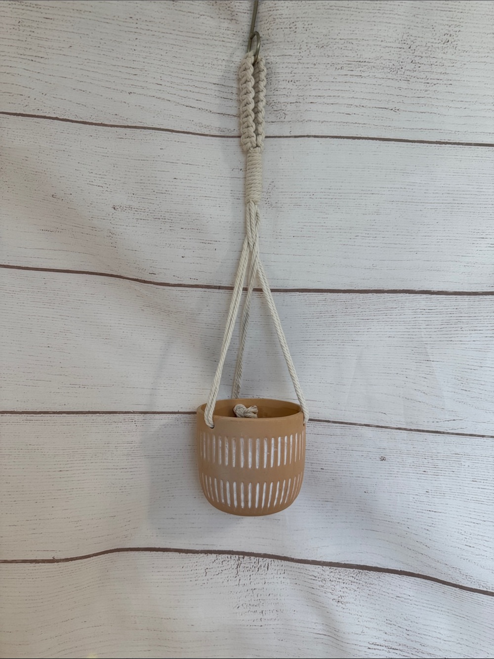 Hanging Terracotta Planter with White Accents 5" diameter  = 4.5" tall